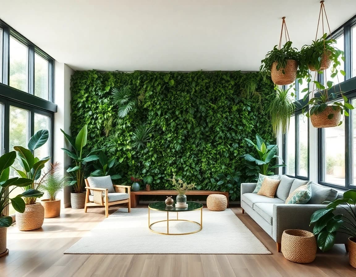 Sustainable biophilic interior design with plants and natural materials
